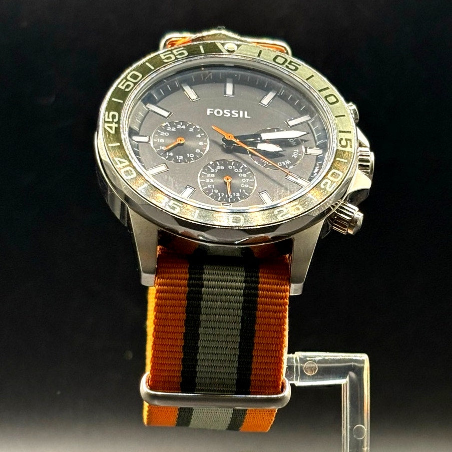 Fossil Bannon BQ2677 Multifunction Black Dial Orange Green Nylon Mens Watch 45mm