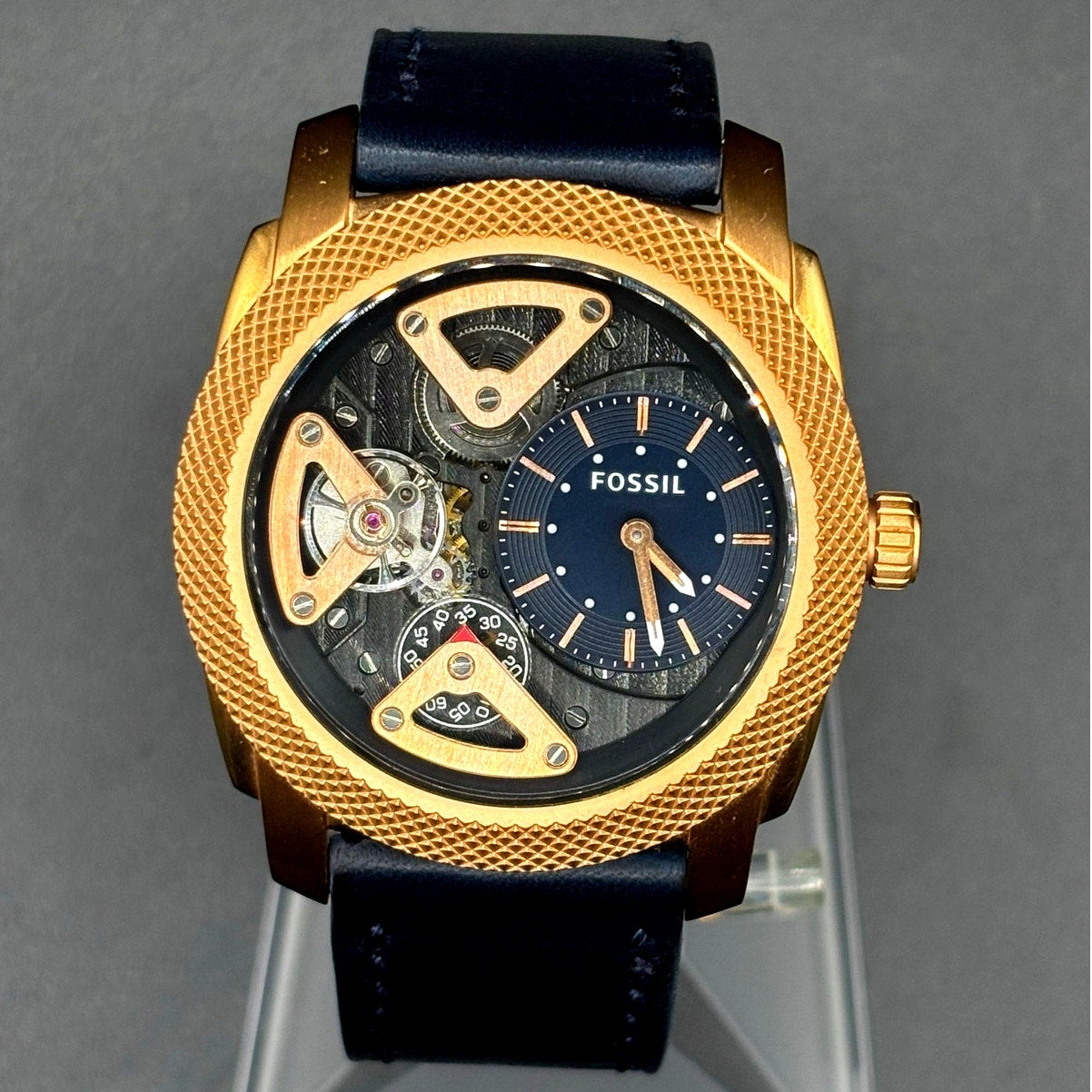 Fossil ME1158 Machine Twist Hybrid Rose Gold Blue Leather Men's Watch 45mm