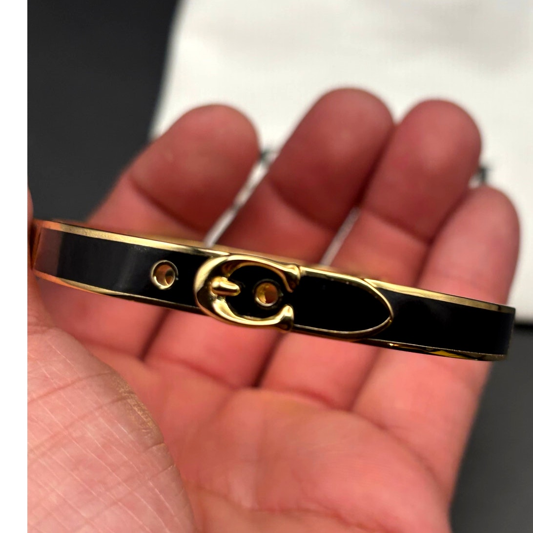 Coach 408104GLD001 Thin Enamel Signature Push Hinged Bangle Gold/Black NWT