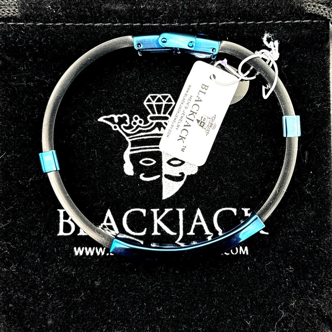Blackjack BJB251BL Mens Blue Silicone Black Stainless Steel  Bangle ID Bracelet