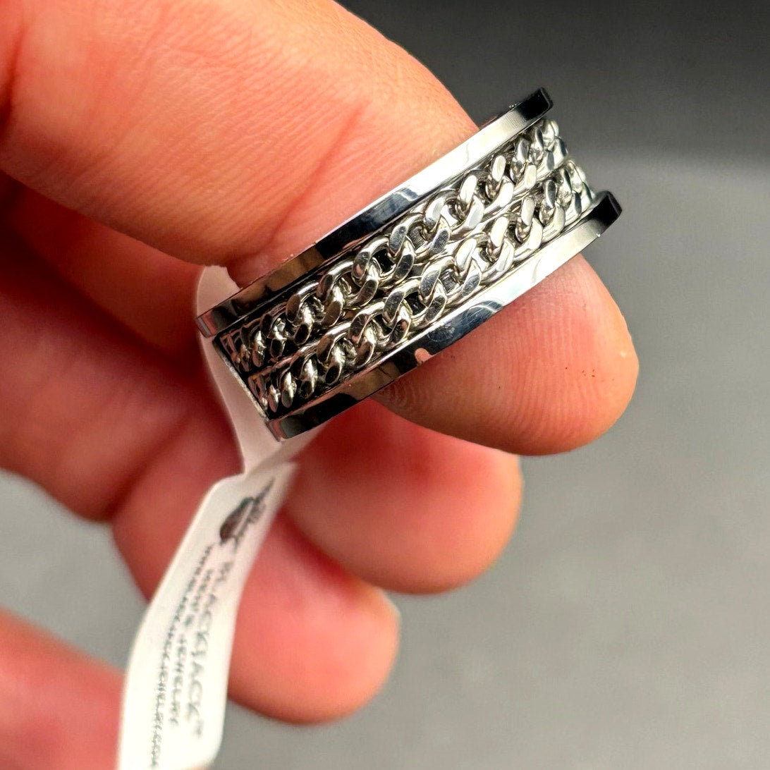 Blackjack BJR89W Men’s Stainless Steel Carbon Fiber Double Curb Link Ring SZ#10