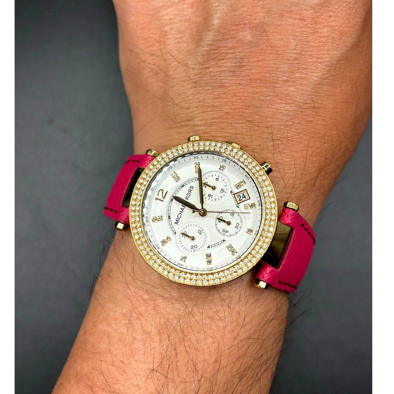 Michael Kors Parker MK2297 Crystal Chronograph Pink Leather Watch NWT