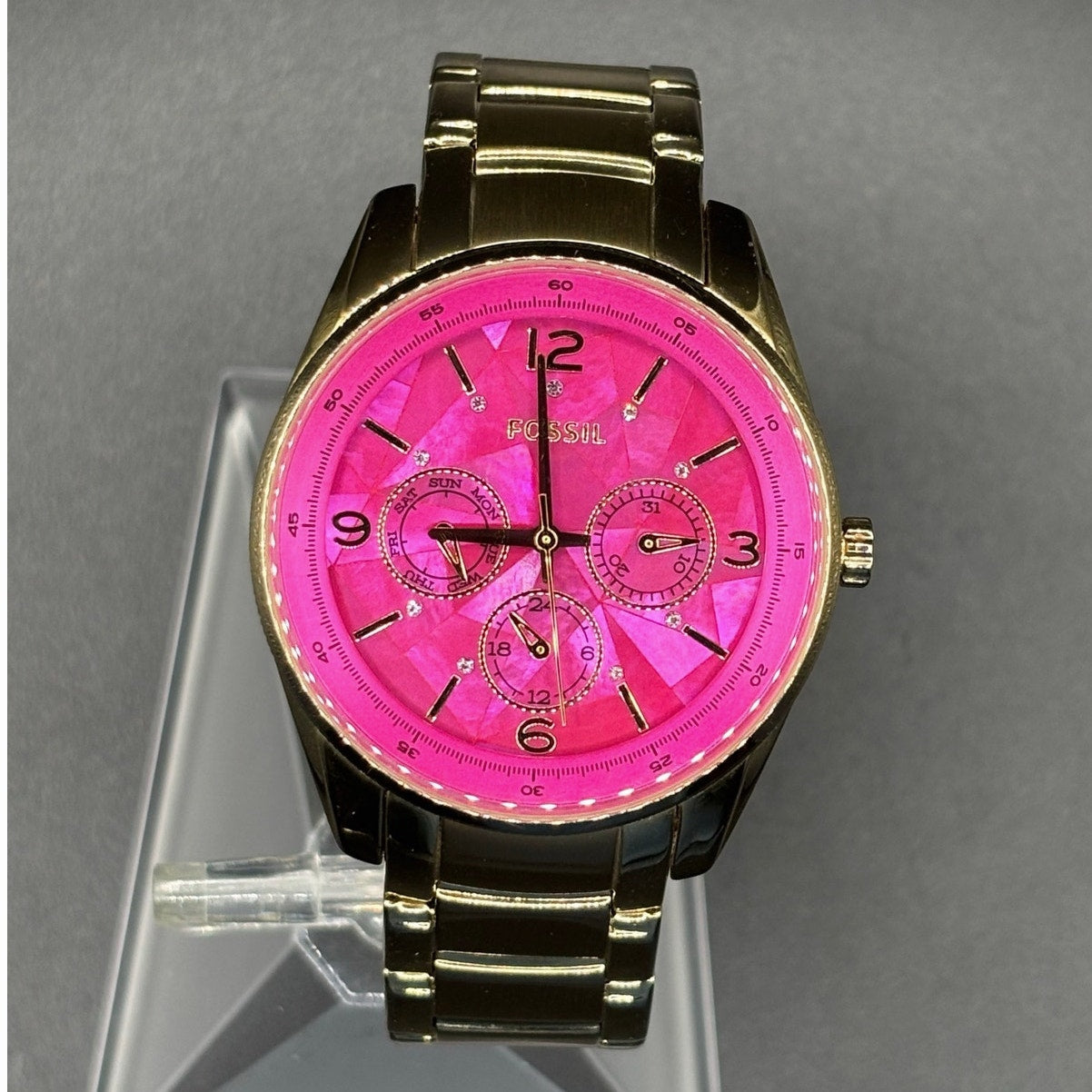 FOSSIL BQ1682 Stella Collection Hot Pink Dial Golden Bracelet Women's Watch
