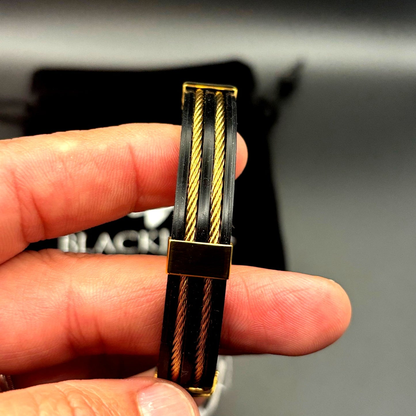 Blackjack BJB251G Mens Black Silicone Gold Stainless Steel Wire Bangle Bracelet