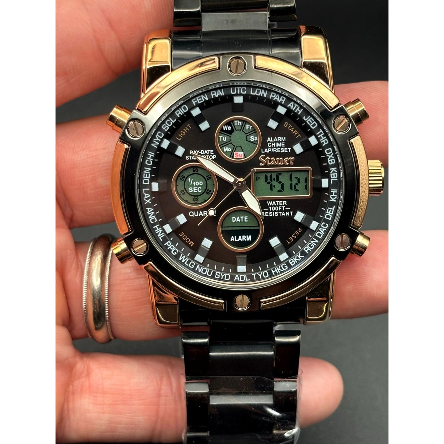 Stauer 52318 Due Volta Chronograph Men's Watch 48mm Rose Gold Black Steel NIB