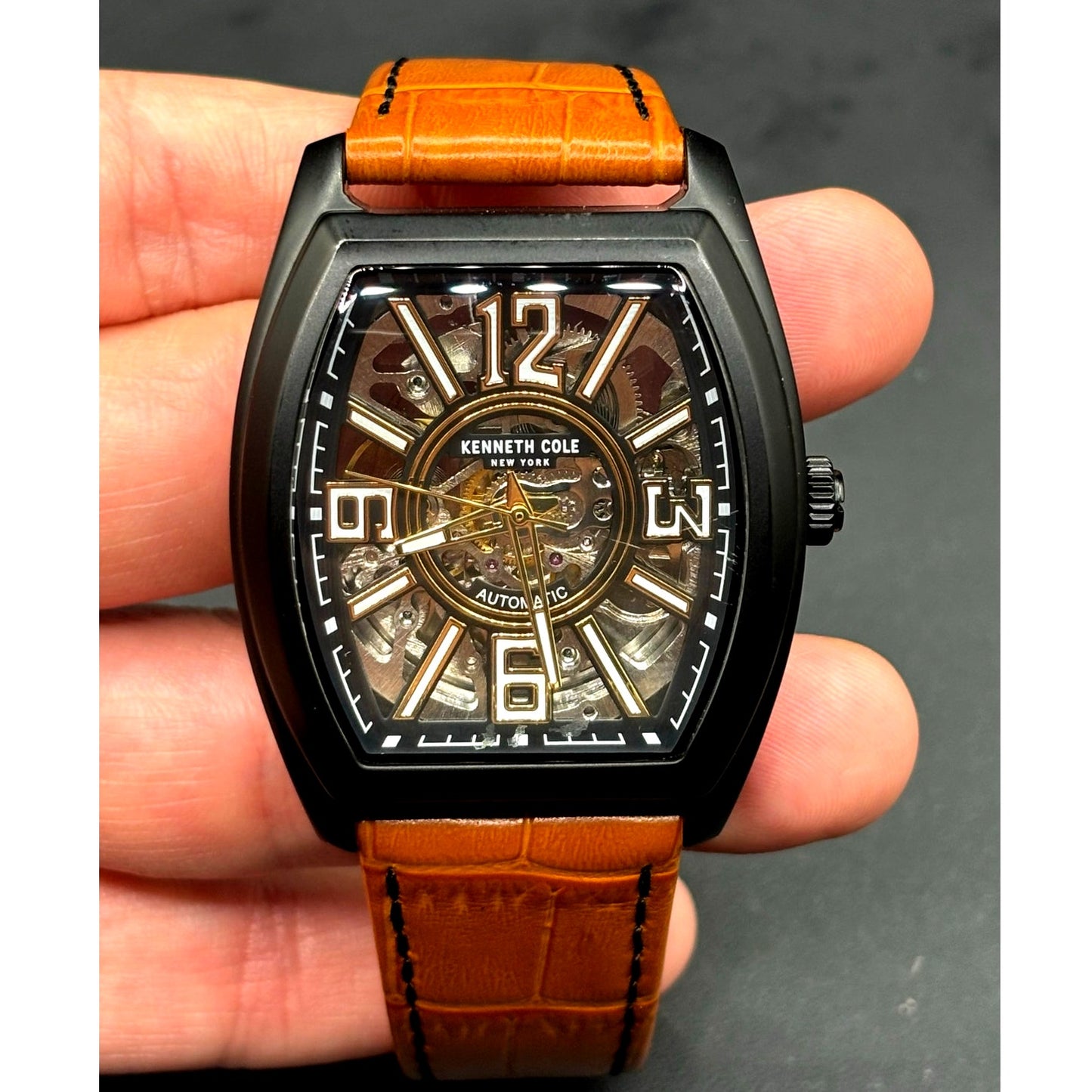 Kenneth Cole KC51083004 Automatic Skeleton Tonneau Leather Strap Men’s Watch