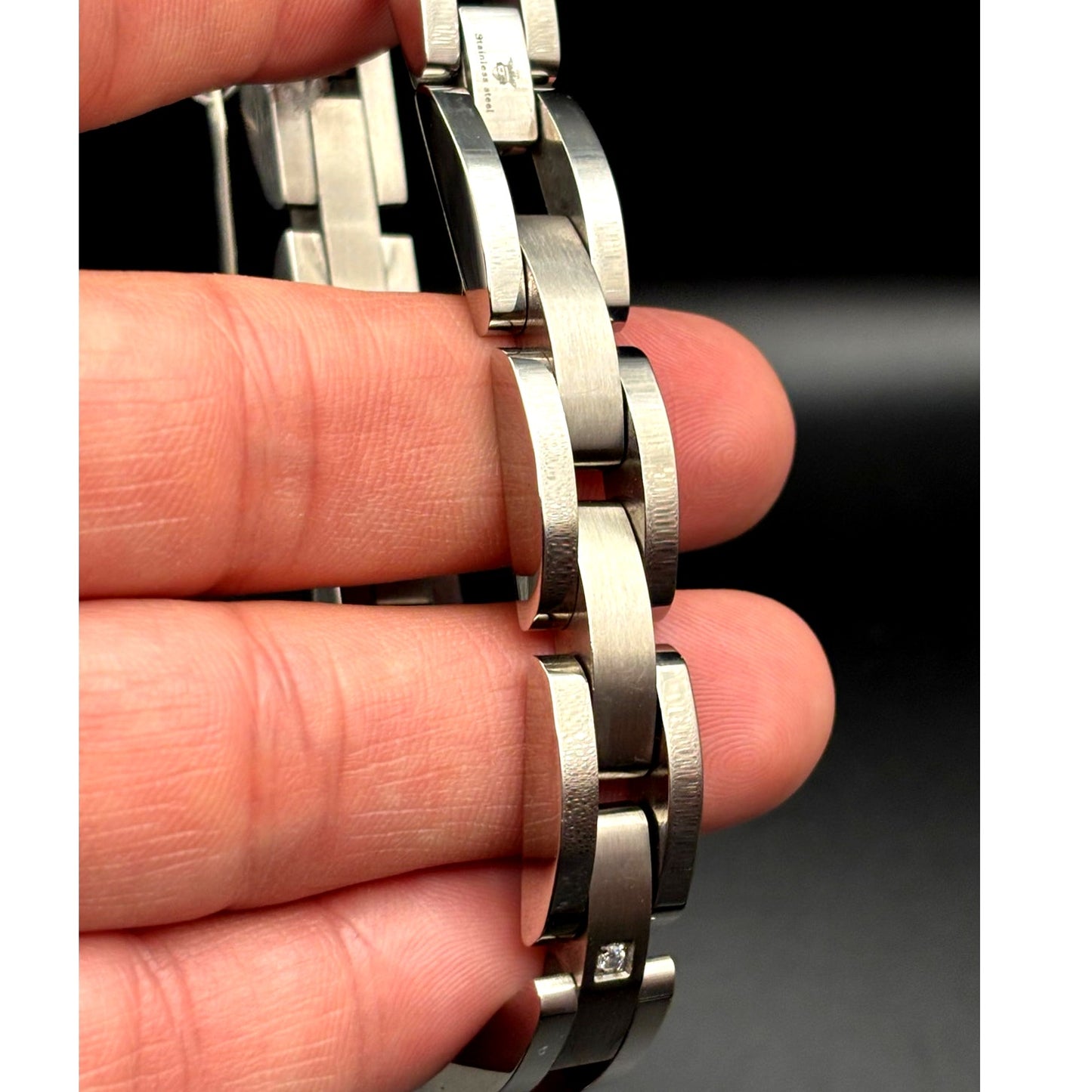 Blackjack BJB49T Men's Curved Link Stainless Steel Bracelet Cubic Zirconia NIBWT