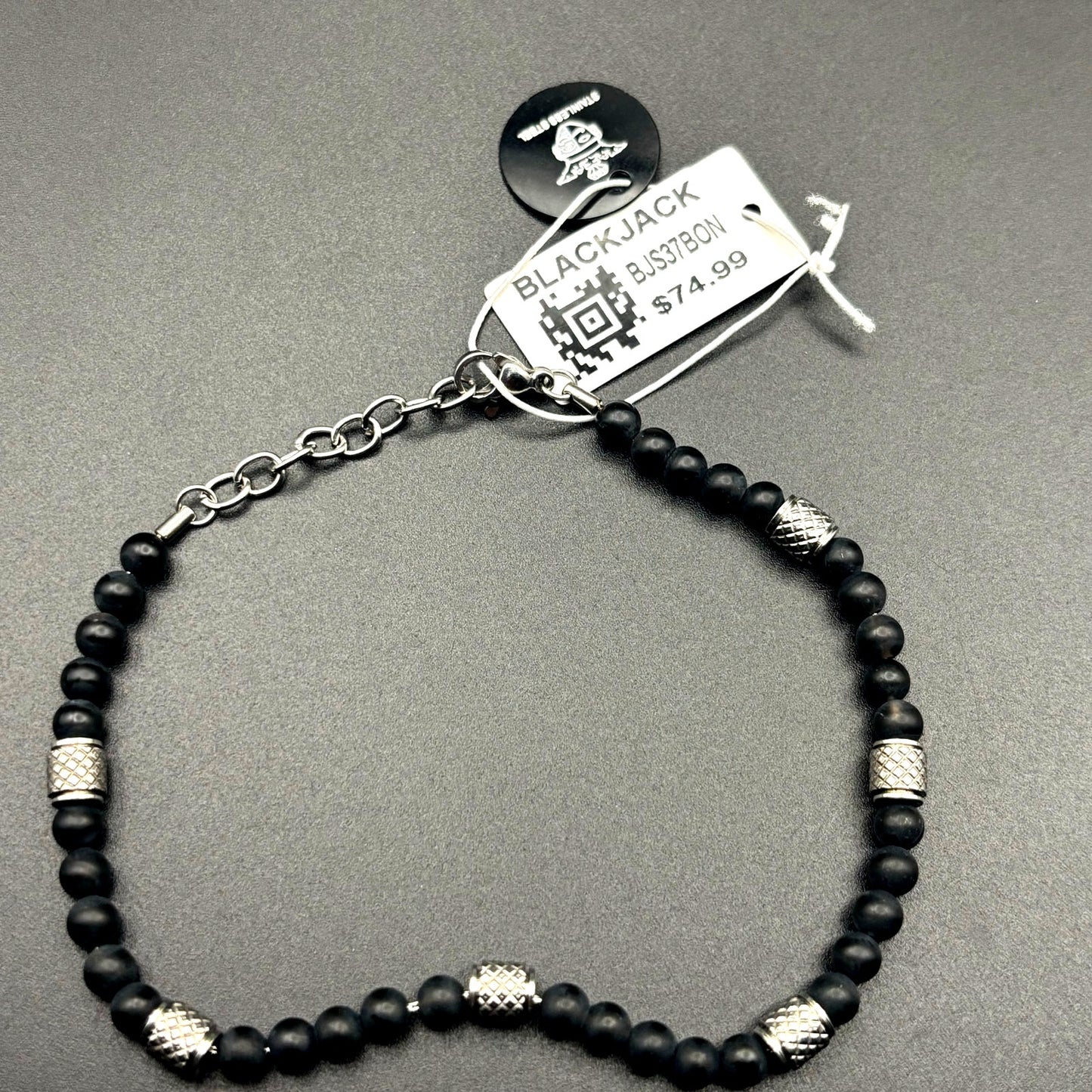 Blackjack BJS37BON Mens Genuine Onyx Stainless Steel Beaded Bracelet NIBWT